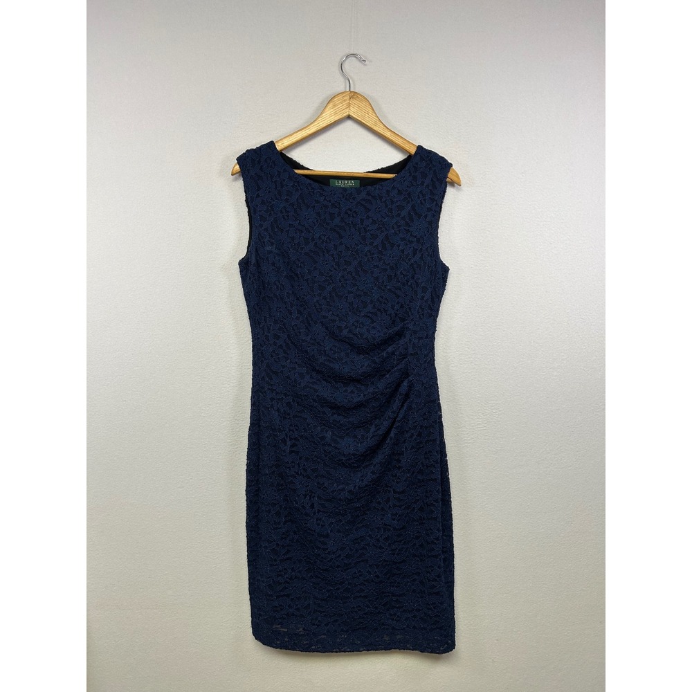 Cocktail Wedding Guest Lauren Ralph Lauren Womens 8 Navy Blue Ruched Lace Dress
